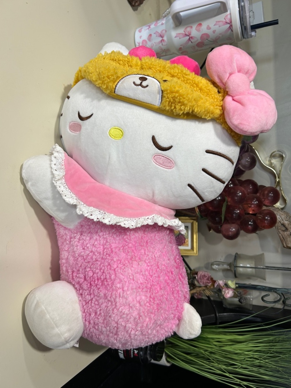 Hello Kitty Pink Plush sleeping with teddy bear non removable face mask